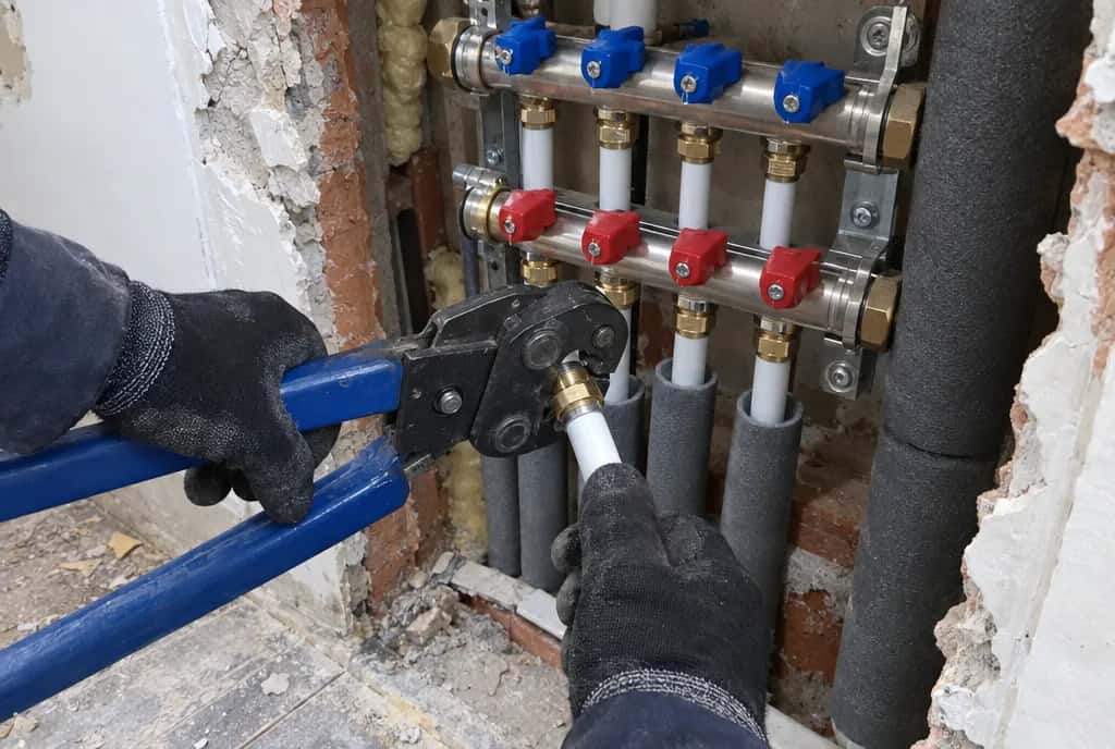 Prensado de un racor en una tubería multicapa junto a un colector nuevo de llaves azules y rojas